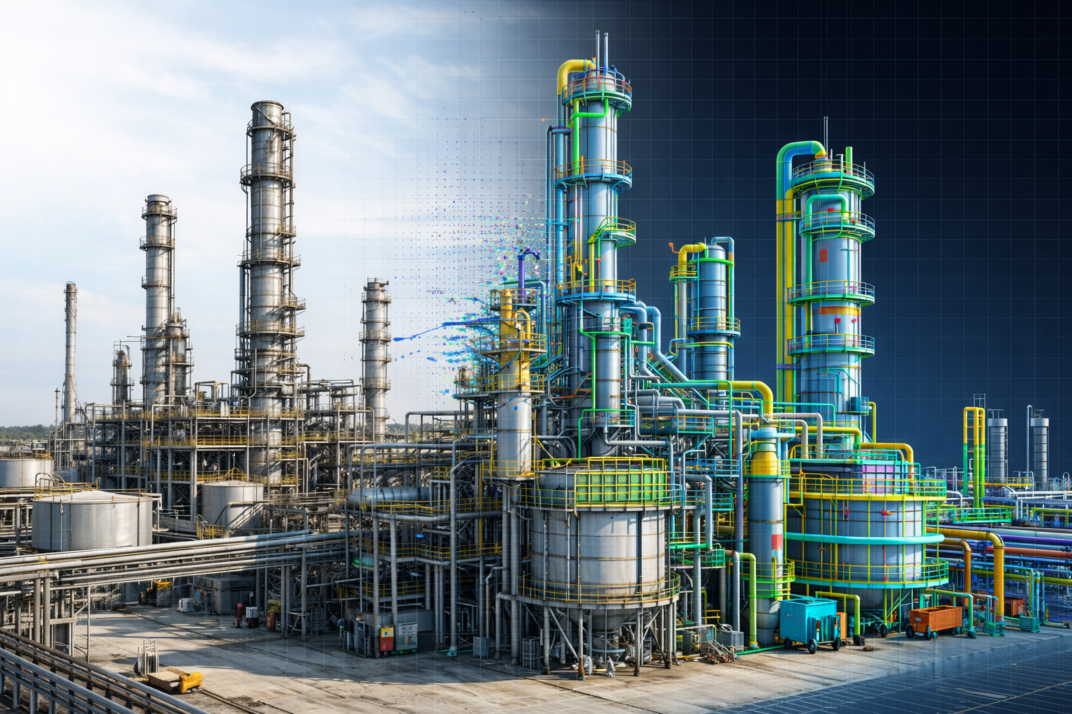 Illustration of an industrial facility alongside a coordinated digital model